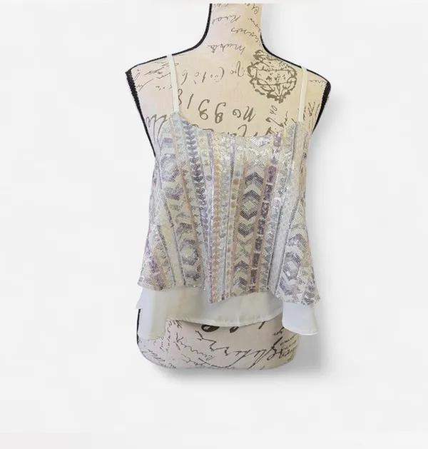 ✨ Charlotte Russe Sequin Cami Top Geometric Beaded Crop Tank White XS ✨💋💋 - Image 2