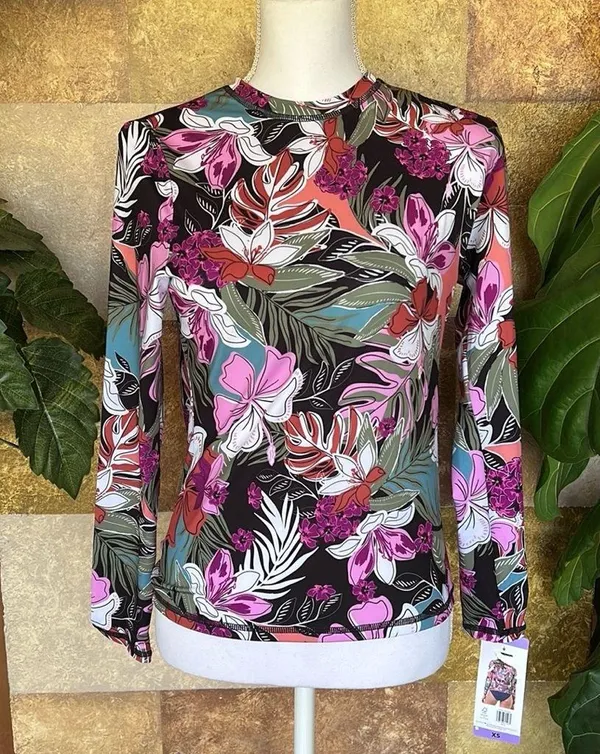 NEW Roxy Women’s UPF 50 Sun Protection Rash Guard XS Floral Long Sleeve Swim Tee - Image 2