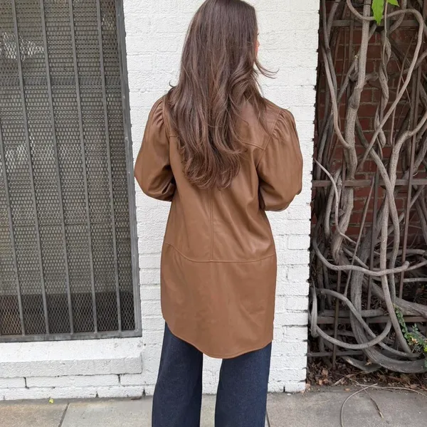 7 For All Mankind brown faux leather balloon sleeve button up front coat M #preppy #oldmoney #professor #minimalist - Image 5