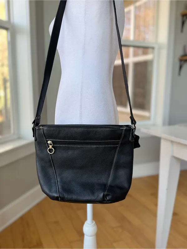 Vintage Black Leather Contrast Stitching Shoulder Bag Purse - Image 14