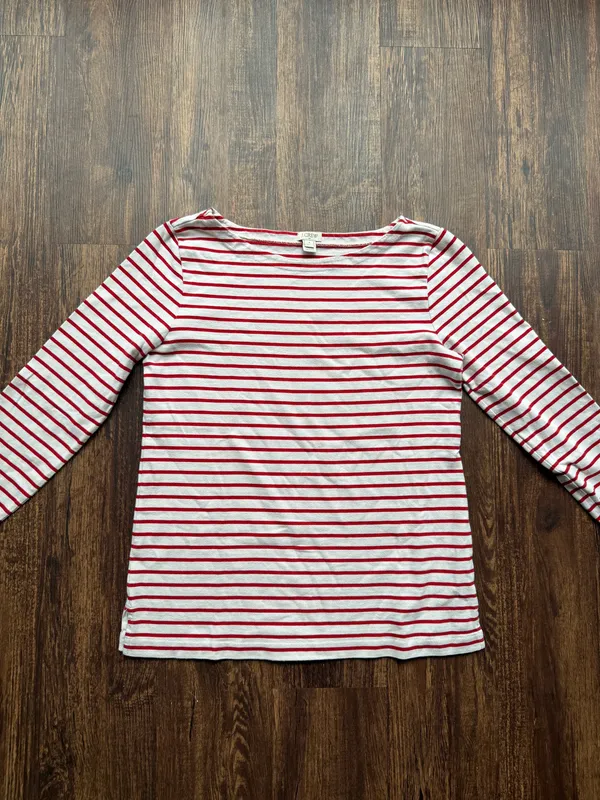 J Crew Women’s Red and White Striped Boatneck Nautical Long Sleeve Cotton Tee- S - Image 2