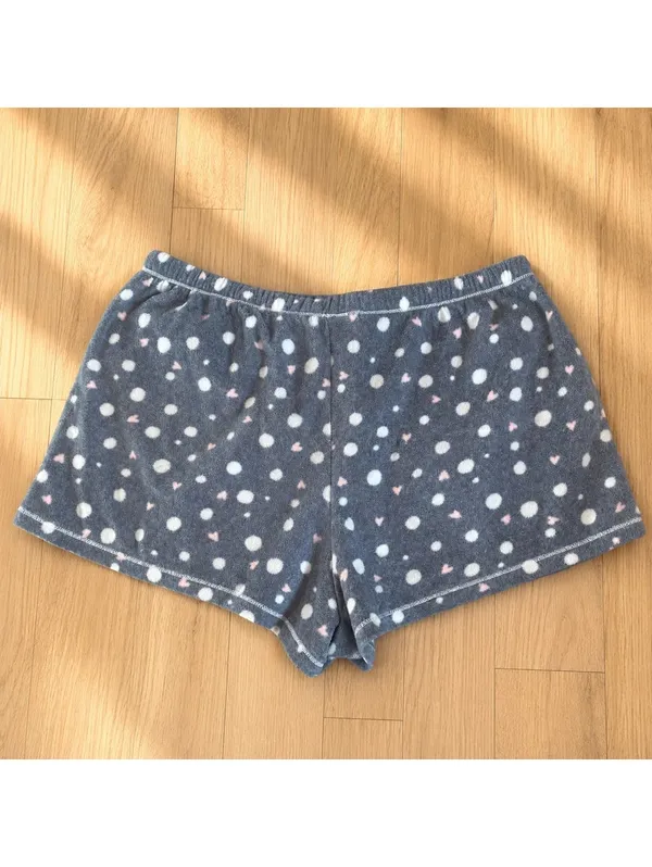Dina Be Fleece Lounge Shorts Medium Gray Polka Dot Hearts Cozy Sleep Shorts - Image 2