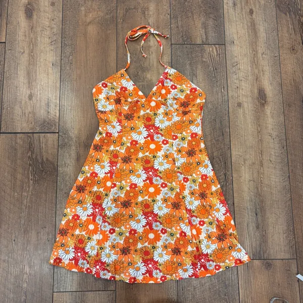 CIDER NWT Orange Floral Halter Mini Dress Women's L Retro Y2K Summer Cottagecore - Image 2