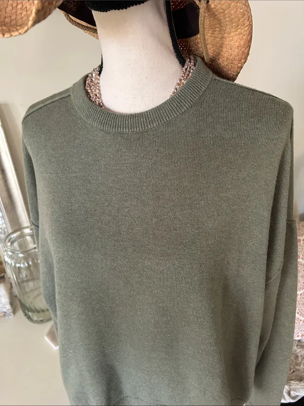 J. Crew olive green drop shoulder, cotton, classic crewneck sweater XL - Image 2