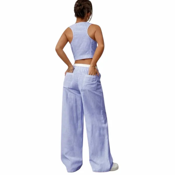 Sz L Private Label Blue Striped Vest and Pants Set New - Image 2