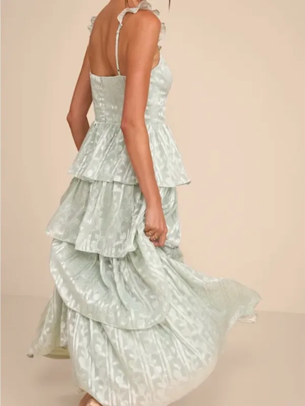 Lulus Stunning Glory Sage Green Floral Jacquard Tiered Maxi Dress - Size S - Image 5