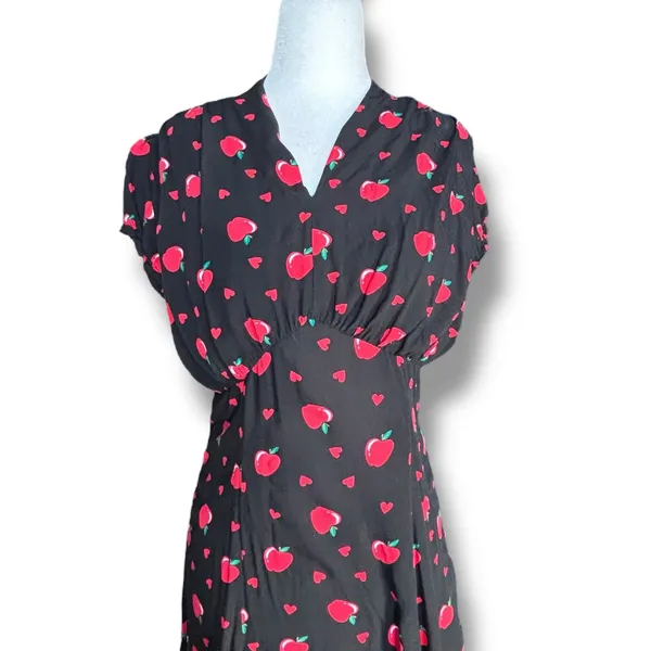 ModCloth X Collectif Apple Heart Print Midi Dress Black Red Puff Sleeve Cottage - Image 2