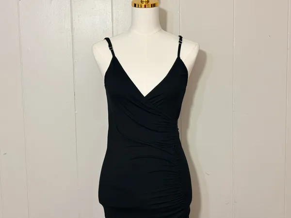 Pampelone Black Ruched Midi Dress Wrap Draped Spaghetti Strap Size M - Image 2