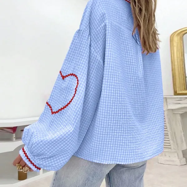 Med. Light Blue Med Gingham Long Sleeve Tie-Front Top with Red Heart Trim - Image 3