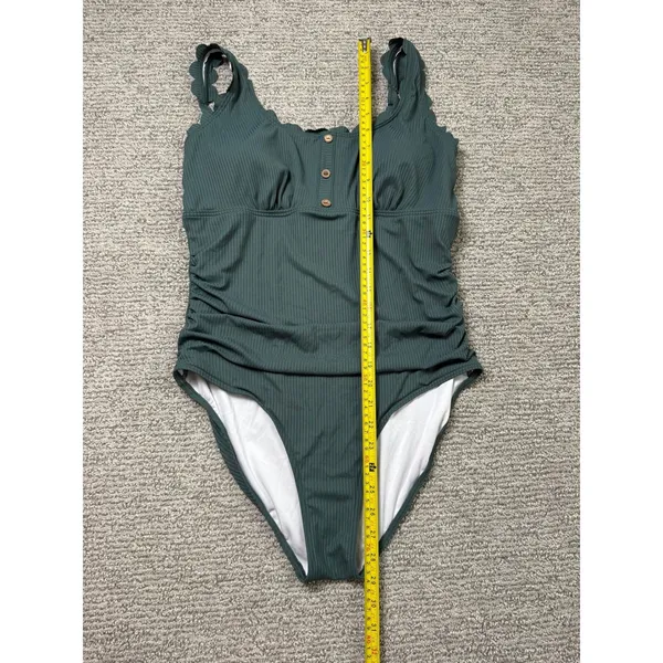 Wishlist Green Ribbed Scalloped One‎ Piece Swimsuit Henley Button Front Ruched Size L - Image 5