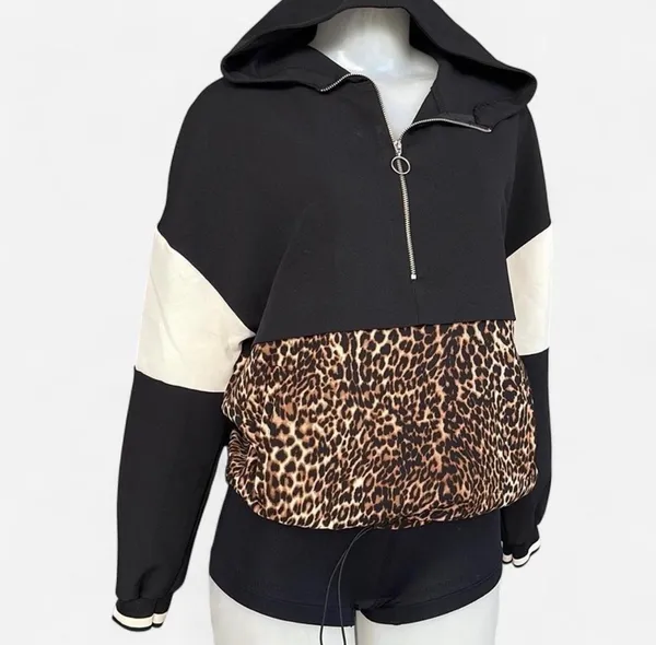 Zara Basic Leopard Print Half-Zip Colorblock Hoodie Pullover - Size XS 🐆✨ - Image 9