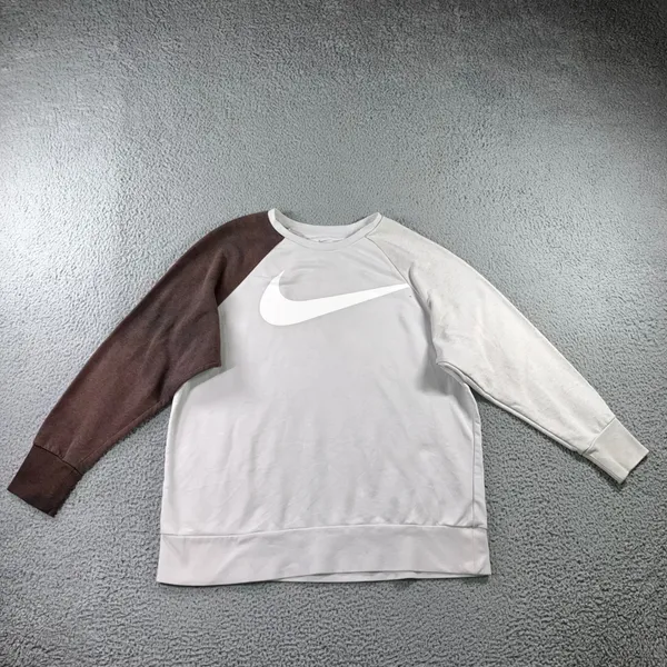 Nike Dri-FIT Big Swoosh Sweatshirt XL Neutral Sporty Colorblock Brown Gray White - Image 2