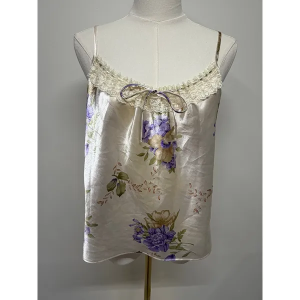 Secret Treasures Y2K Satin Floral Lace Cami Ivory Purple Bow Sleep Top Medium - Image 2