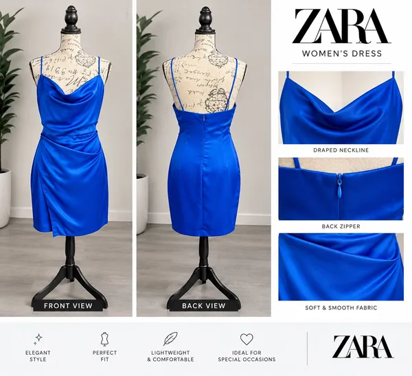 Zara Royal Blue Satin Cowl-Neck Mini Dress - Size Small 💙 - Image 3
