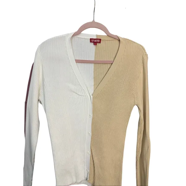 STAUD‎ Cargo Colorblock Rib Knit Cardigan Size Large Long Sleeve Stretch - Image 10