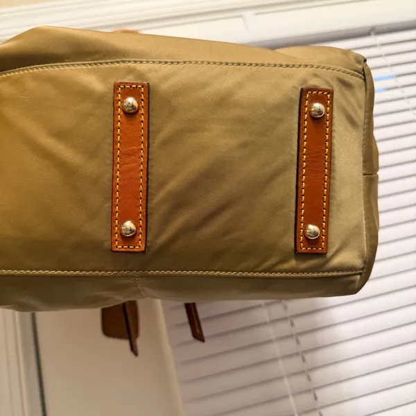 Dooney & Bourke Nylon Satchel Bag Khaki Tan Leather Trim Pockets Hot Pink‎ - Image 6