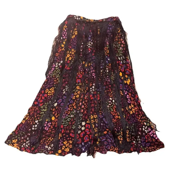 Farm Rio Hippie Boho Y2K Multicolor Floral‎ Midi Skirt W/ Black Fringe - Image 3