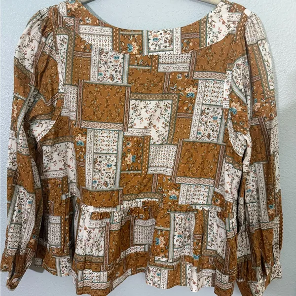 Millibon Mustard, Brown & White Patchwork Long Sleeve Top Size L - Image 6