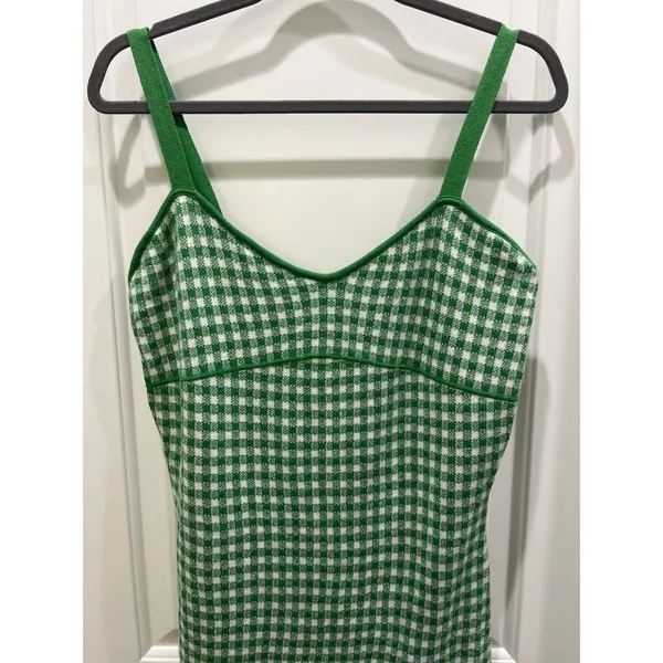 Anthropologie Maeve Gingham Green & White Knit Mini Mod Dress Sz M - Image 3