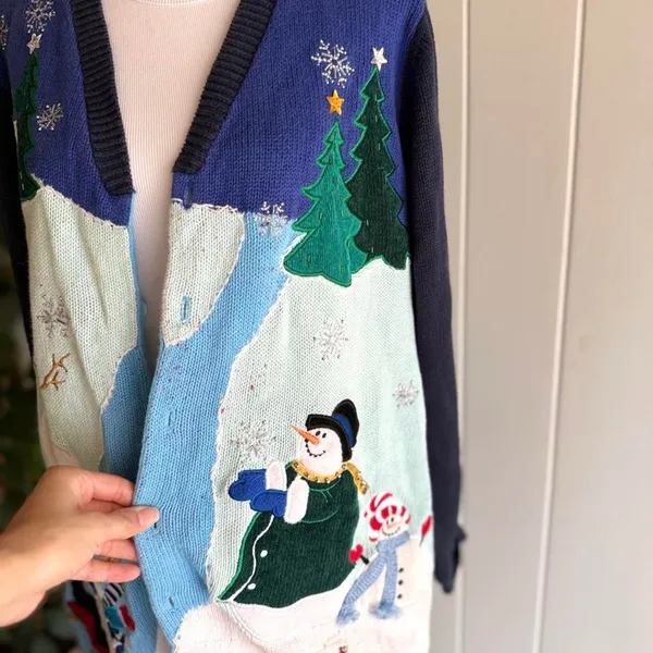 The Quacker Factory Ugly Christmas Sweater Snowmen Cardigan Women's Size Large - Image 6