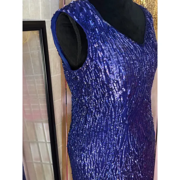 Vintage Blue Sequin‎ Cocktail dress V-Neck Keyhole Back Fringe Hem Sleeveless - Image 4