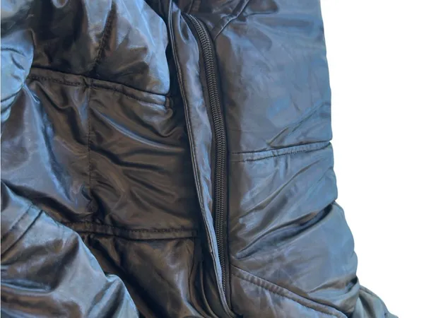 Noize Black Hooded Puffer Jacket Vegan Leather Trim Womens Medium Belt Missing - Image 13