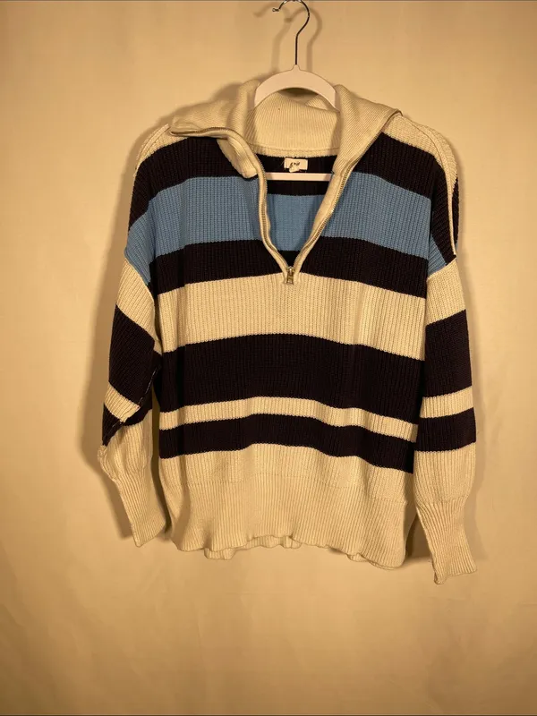 Aerie Womens Beyond Quarter Zip Sweater Chunky Blue Stripes Xxs Oversized - Image 2