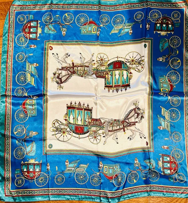 VINTAGE EQUESTRIAN horse&carriage ROYAL BLUE silky SCARF 35’/35’ inches - Image 18