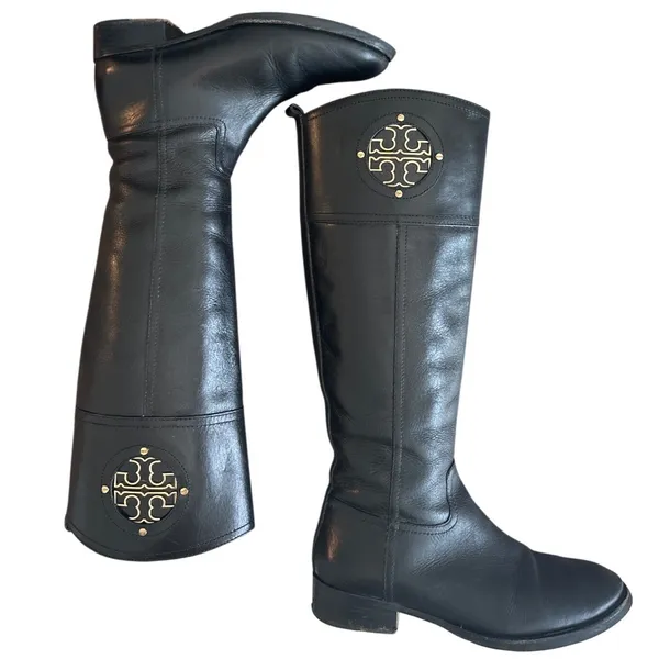 Tory Burch Kiernan Black Leather Riding Boots Gold Logo Knee High 7 - Image 4