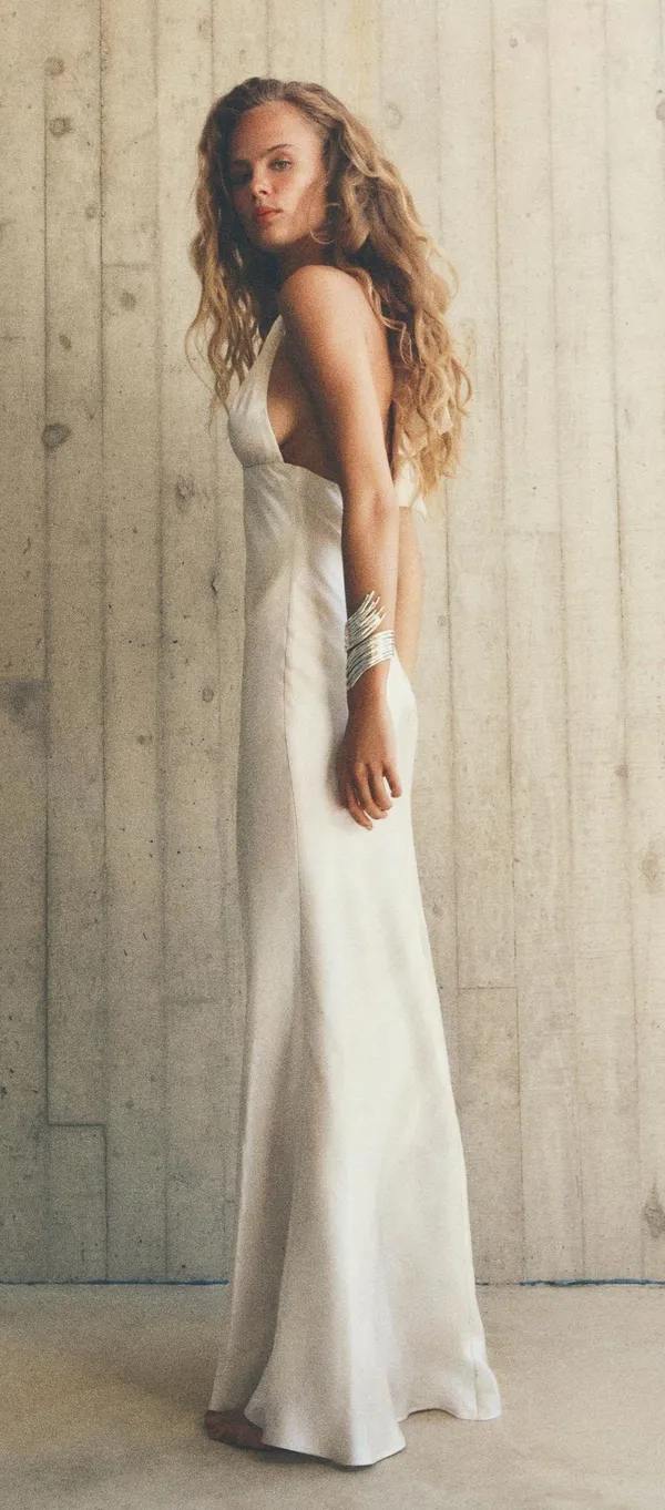 Zara maxi dress formal gown pearl satin effect halter evening wedding bodycon - Image 16