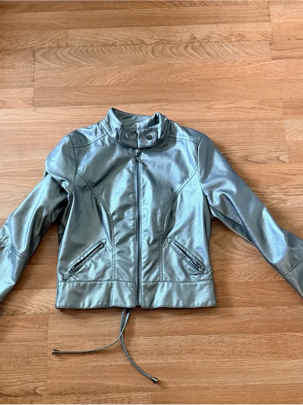 therapy Silver Metallic Faux Leather Varsity Jacket - Image 8