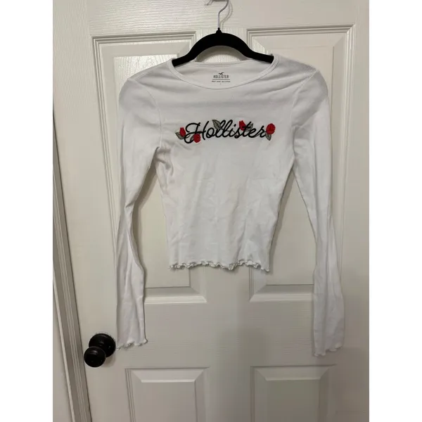 Hollister White Ribbed Embroidered Rose Logo Long‎ Sleeve Baby Tee Crop Top S - Image 2