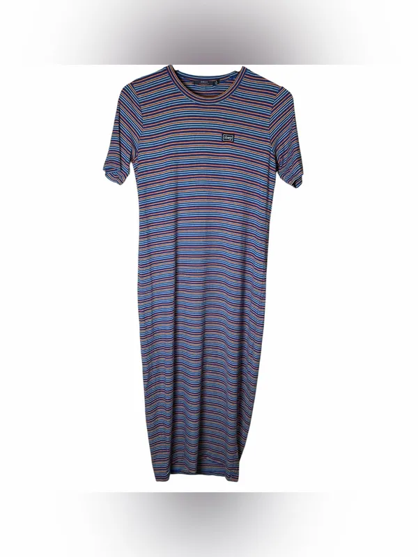 Obey Worldwide Striped Midi Shirt Dress Blue Red Yellow Logo Tee Dress Sz Small - Image 2