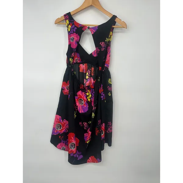 Roxy Floral Mini Dress Women S Black High Low Keyhole Y2K Whimsigoth Tropical - Image 4