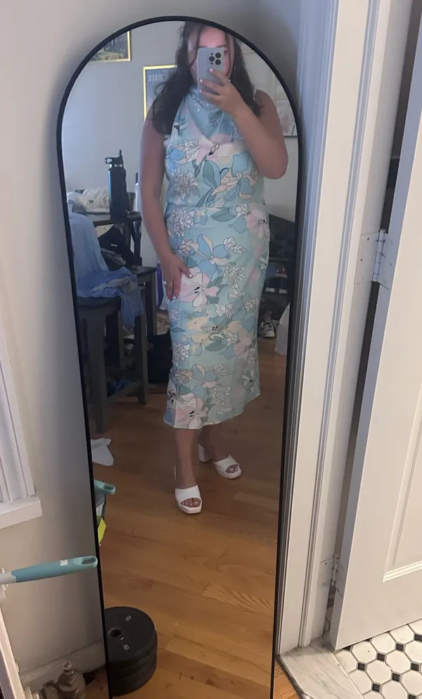 Pretty Garden High Neck Asymmetrical Satin Dress - Image 2
