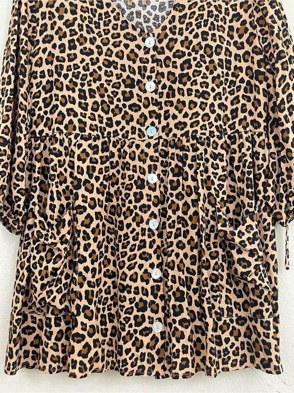 Entro Leopard Print Button‎ Front Babydoll Tunic Top/Dress Size M- Brown/Black - Image 5