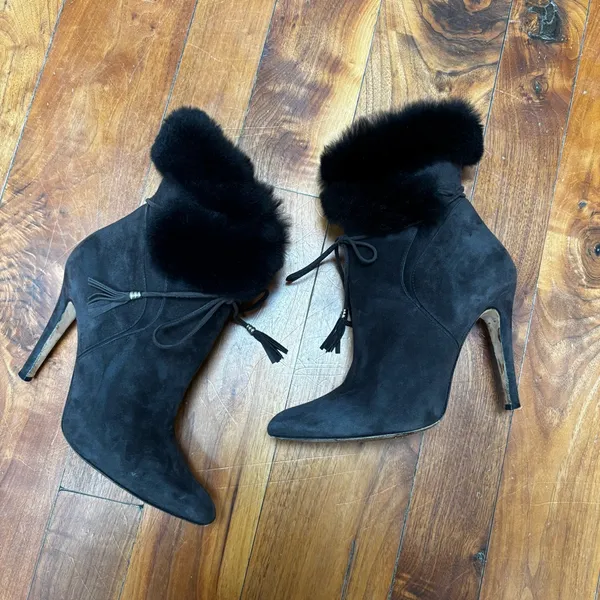Oscar De La Renta Suede and Real Fur Heeled Ankle Booties Grey 9.5 40 - Image 6