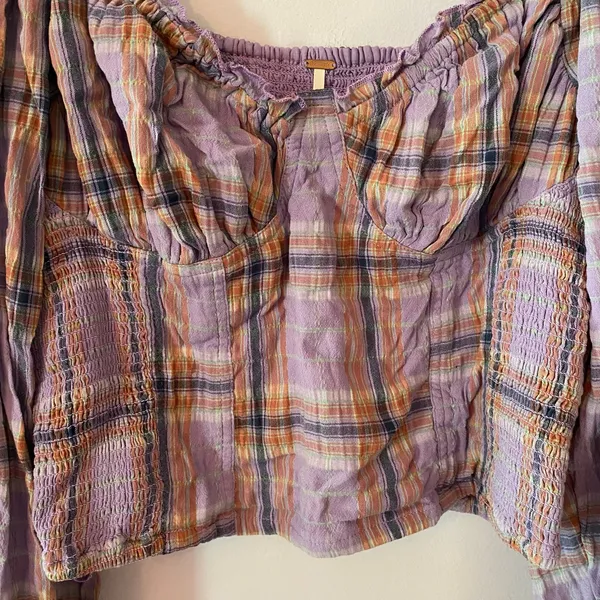 Free People Purple Plaid Puff Sleeve Babydoll Blouse Cropped Women's size Large - Image 6