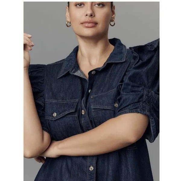 Anthropologie PILCRO RUFFLE-SLEEVE DENIM SHIRT DRESS XXS NEW Preppy Boho Resort - Image 7