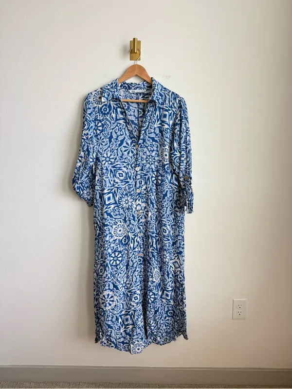 Zara Blue Printed Midi Shirt Dress Button Front Flowy Medium - Image 5