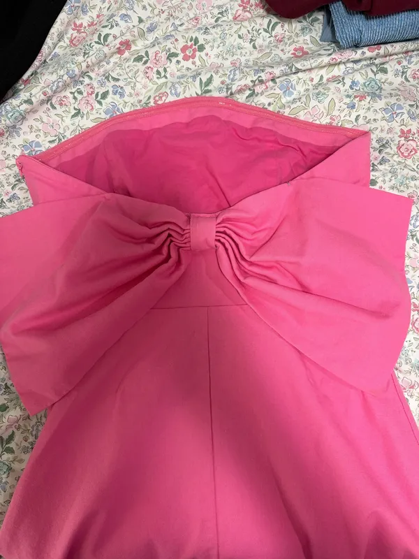 Pink Strapless Altar'd State homecoming mini dress bow back - Image 3