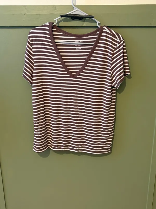 American Eagle Brown & White Striped V-Neck Tee - Image 2