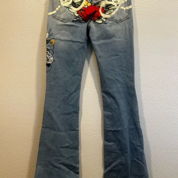Ed Hardy Light Blue Flare Jeans with Skull Art - Image 4