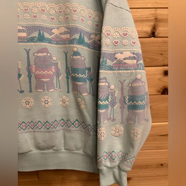 VNTG 1990 Lifestyles XL Puffy Paint Skiing Bears Snowflake Pullover Sweatshirt - Image 4