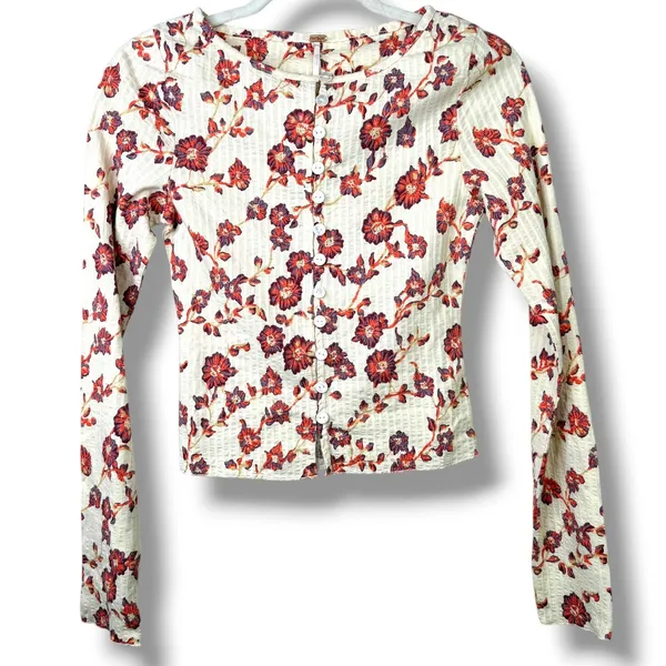 NEW Free People Tilly Tea Combo Ivory Floral Button Front Cotton Long Sleeve Top - Image 5
