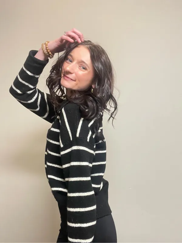 Nine West Black & White Striped V-Neck Pullover - Image 3