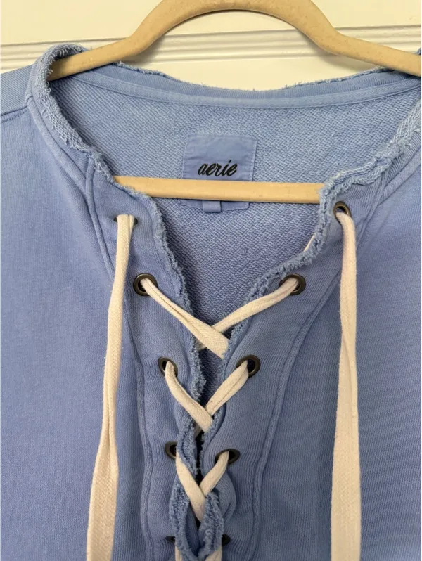 Aerie Light Blue Lace-Up Sweatshirt, Medium - Image 3
