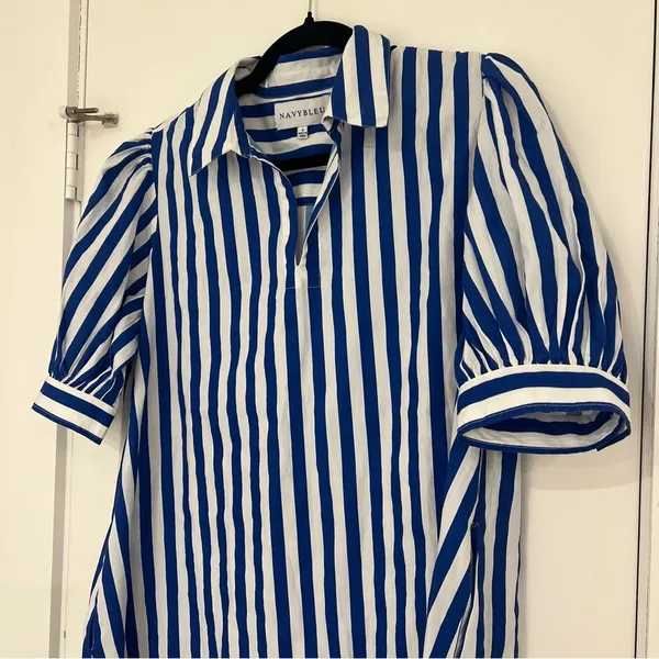 Navy Bleu Royal Stripe Puff Sleeve Shirt Dress - Image 5