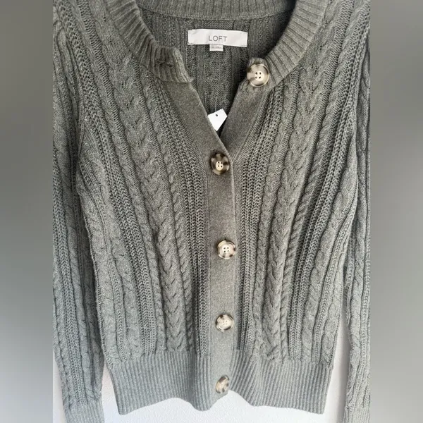 NWT LOFT Green Button-Up Cable Knit Preppy Cardigan Sweater Cotton Wool Blend - Image 5