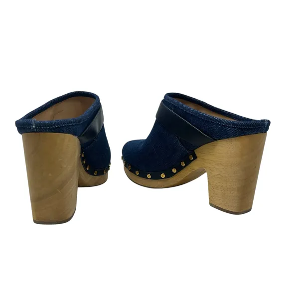 Veronica Beard Dacey Denim Clogs Heels Studded Buckle Wood Blue‎ Size 9.5 - Image 9